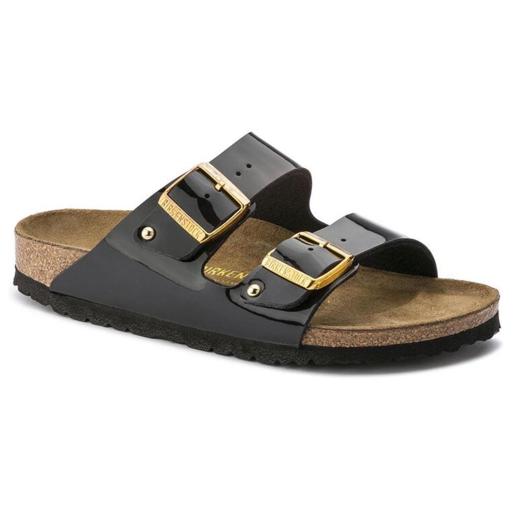 Birkenstock Arizona Birko-Flor Patent Black Sandals with Gold Buckles Size 36